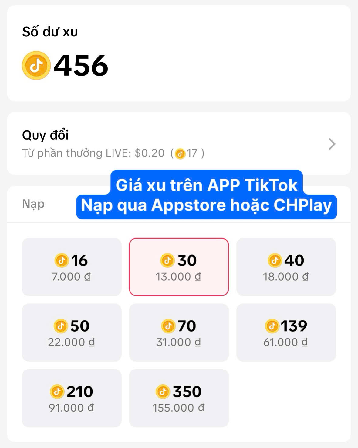 bảng giá xu trên app tiktok